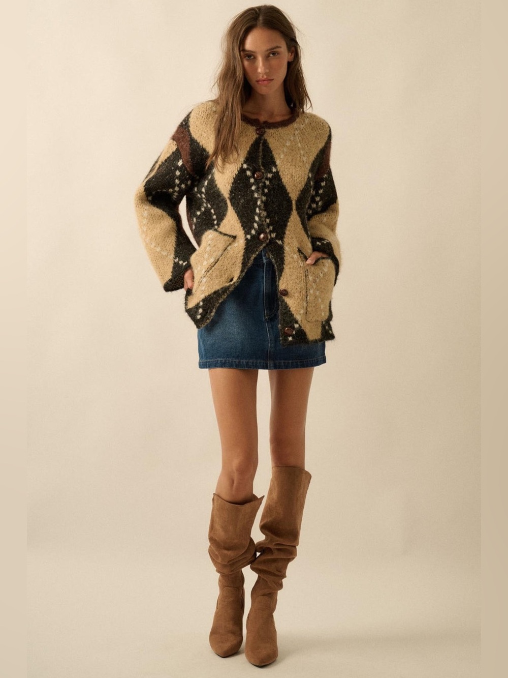 Promesa Cross Country Fuzzy-Knit Argyle Pocket Cardigan Brown Black Cozy Size S
